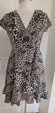 IZABEL London LEOPARD Print FAUX WRAP Lightweight FLOUNCY Short Sleeve DRESS 10