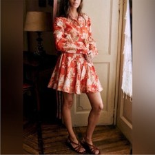 Sezane Floral Mini Linen-Blend Sol Shirt Dress Floral Sz 42 US 10