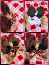 Red, Black, Brown And Tan Bunny Cat Mask. Fur...