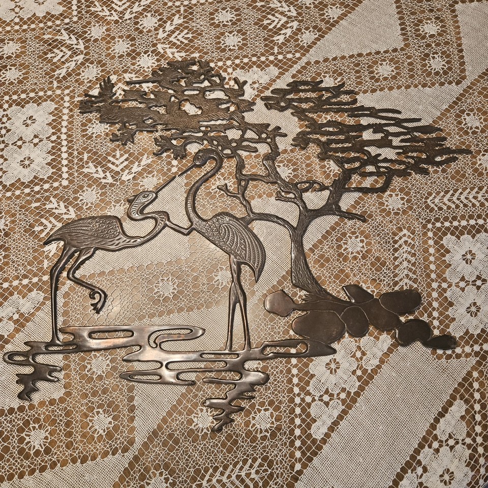 A 24"x19" vintage brass heron bird wall sculpture — large-scale, handcrafted, genuinely MCM, and the kind of thing interior designers fight over at estate sales.