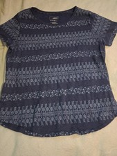 Sonoma Womens Navy Blue Geometric Pattern, 60 Cotton,V-Neck,"Everyday Tee" SizeL