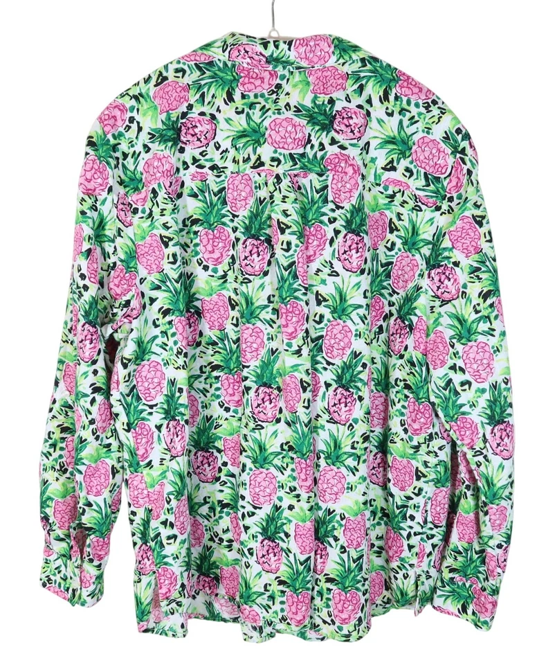 Top con botones manga enrollable mezcla de lino estampado piña CHARTER CLUB talla XL Foto 3 de 4