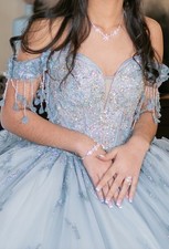 Light Blue Silver Embellished Off-Shoulder Formal Ball Gown with Train