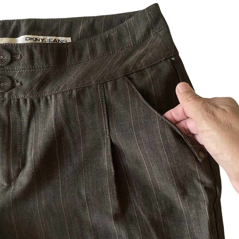 Pantalones de vestir DKNY Jeans Petites 14P marrón a rayas acampanados tiro alto Foto 4 de 4