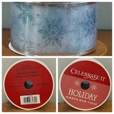 VTG Celebrate It HOLIDAY Wired Christmas Ribbon Blue & Silver Glitter Snowflake