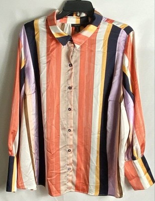 Halogen Women's Multicolor Vertical Stripe Long Sleeve Blouse Button Up Sz 2X