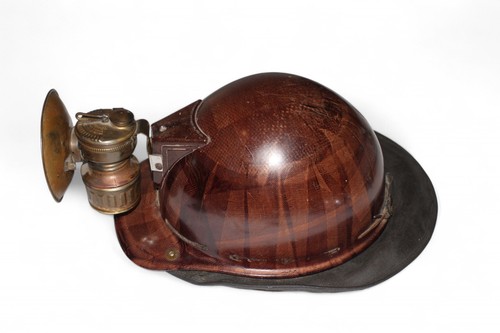 Vtg MSA Skullgard Miner's Helmet w/ Brass Carbide Lamp - Bakelite- Tiger Stripes