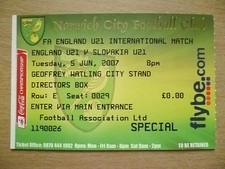 Ticket- 2007 FA England U21 International - ENGLAND U21 v SLOVAKIA U21, 5 June
