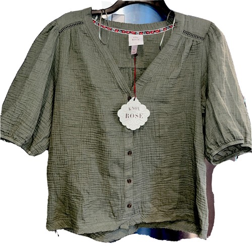 NEW Knox Rose Shirt Puffy Short Sleeve Waffle Knit Gauzy Thyme Green Button Up M