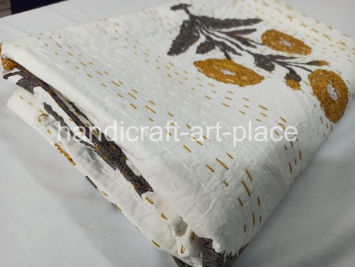 Trapunta Kantha cotone stampa blocco a mano copriletto trapuntato fatto a mano king size lancio - Foto 1 di 8