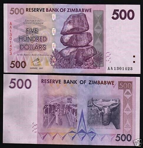 Zimbabwe 500 DOLLARS P-70 2007 x 100 Pcs Lot BUNDLE Zimbabwean AA UNC Money NOTE - Picture 4 of 4