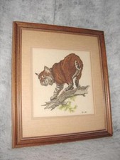 Vintage Needlepoint Bob Cat Wood Framed and Matted With Glass Picture