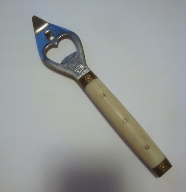 Vintage Bottle Can Opener Bone or Horn Brass Stainless Steel Made in