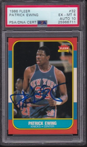 1986 FLEER #32 PATRICK EWING RC KNICKS HOF PSA 6 DNA AUTO 10 ROOKIE CARD SIGNED