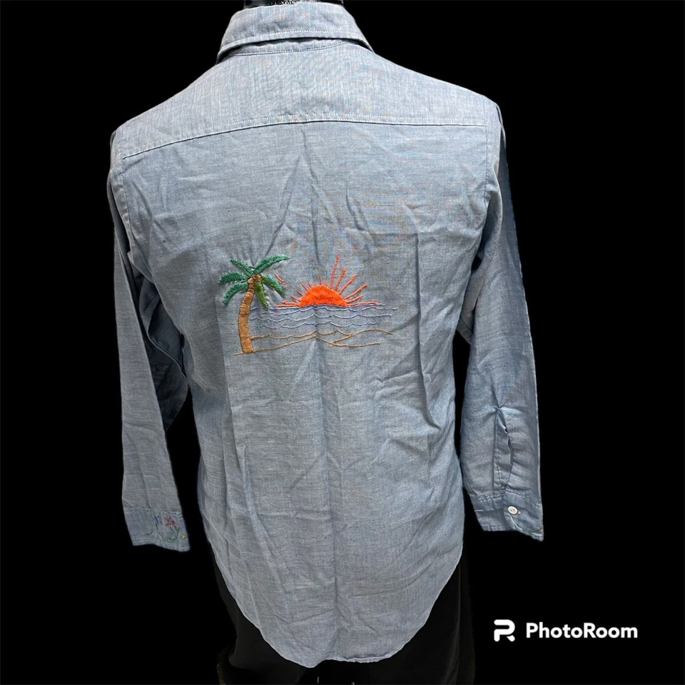 Camisa hippie vintage BIG MAC CHAMBRAY bordada floral palma ILHA PÔR DO SOL 50/50 M - Imagem 3 de 4