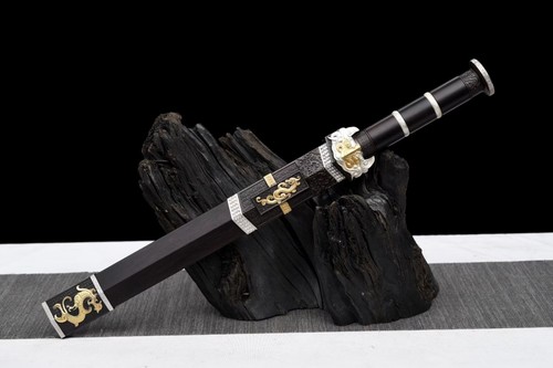 Handmade China Han Sword Short Blade Damascus Steel Groove Edged Ancient Dragon - Picture 3 of 14