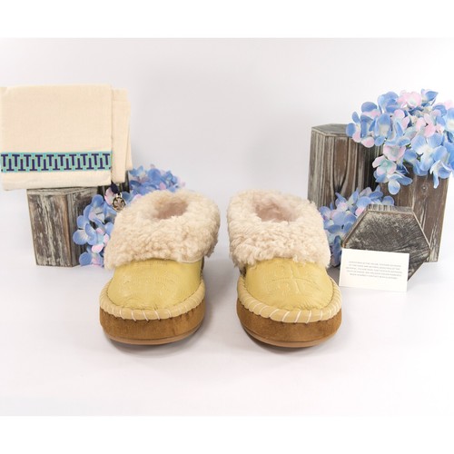 Tory Burch Cornbread Deer Leather Shearling Oversized Slipper Sz 7 NIB - Picture 2 of 9