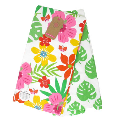 Kitchen Towels 2 pc Set (1) Flowers (1) Leaves On White dish hand 100% Cotton