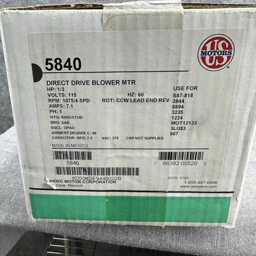 US Motors Nidec 5840 1/2 HP Replacement Fan Motor Direct Drive Blower HVAC