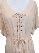 LOVE STITCH Boho Babydoll Dress Lace Up Wheat Off White Versatile Oversized Sz L