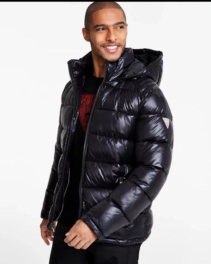  Chaqueta acolchada de peso medio con capucha extraíble GUESS para hombre, negra, mediana Foto 2 de 3