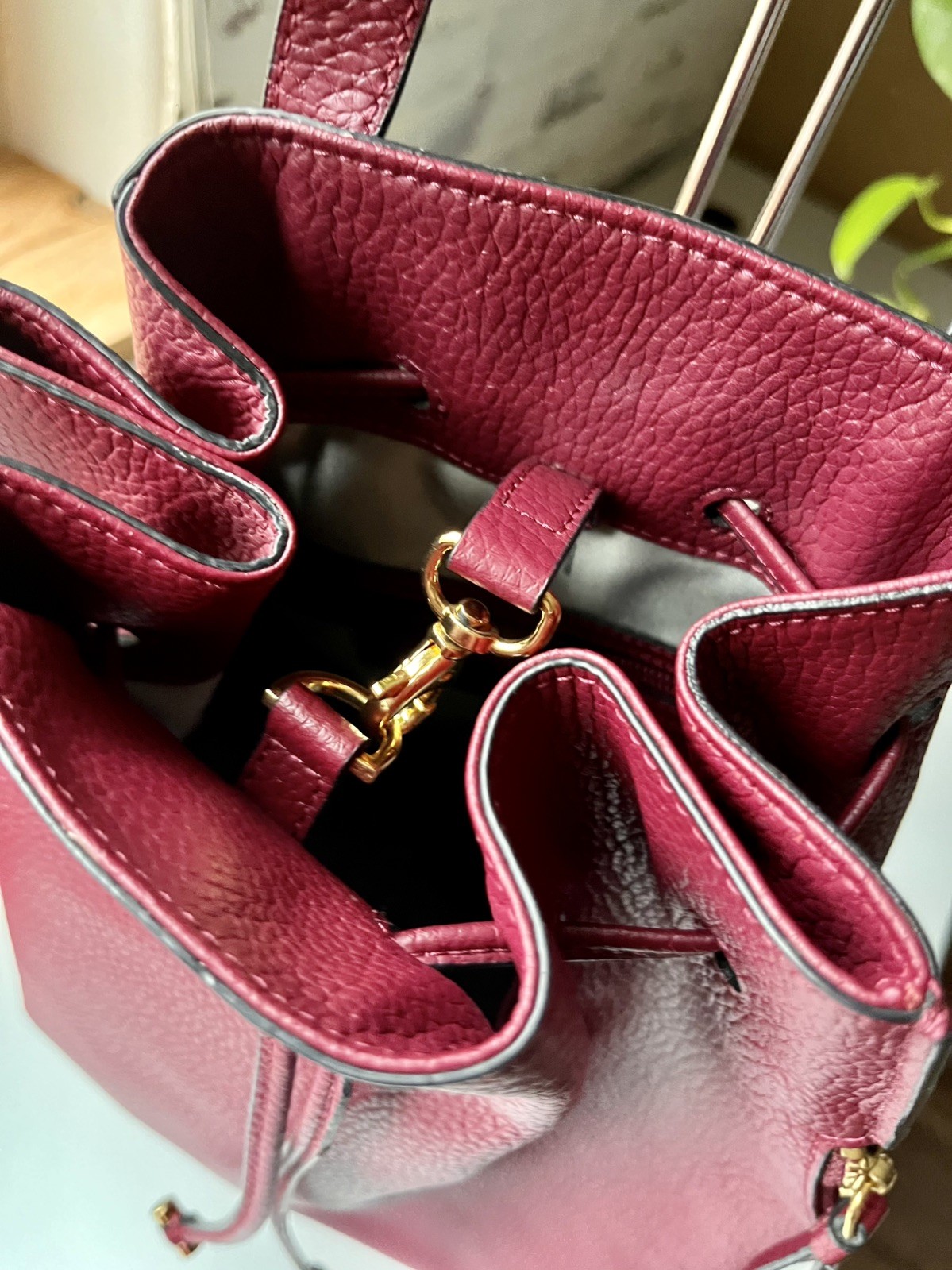 Halston Maroon Leather Drawstring Backpack with G… - image 2