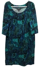 I.N. Studio 18W KNIT dress blue green abstract scoop neck pleated long sleeve