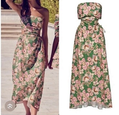Misa Los Angeles Eleven Dress Green Floral Kelly Blossoms Strapless Open Sides