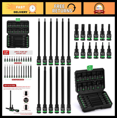 24PCS Extra Long Torx Bit Socket Set 3/8'' Drive, T10-T60, Cr-V & S2 Steel