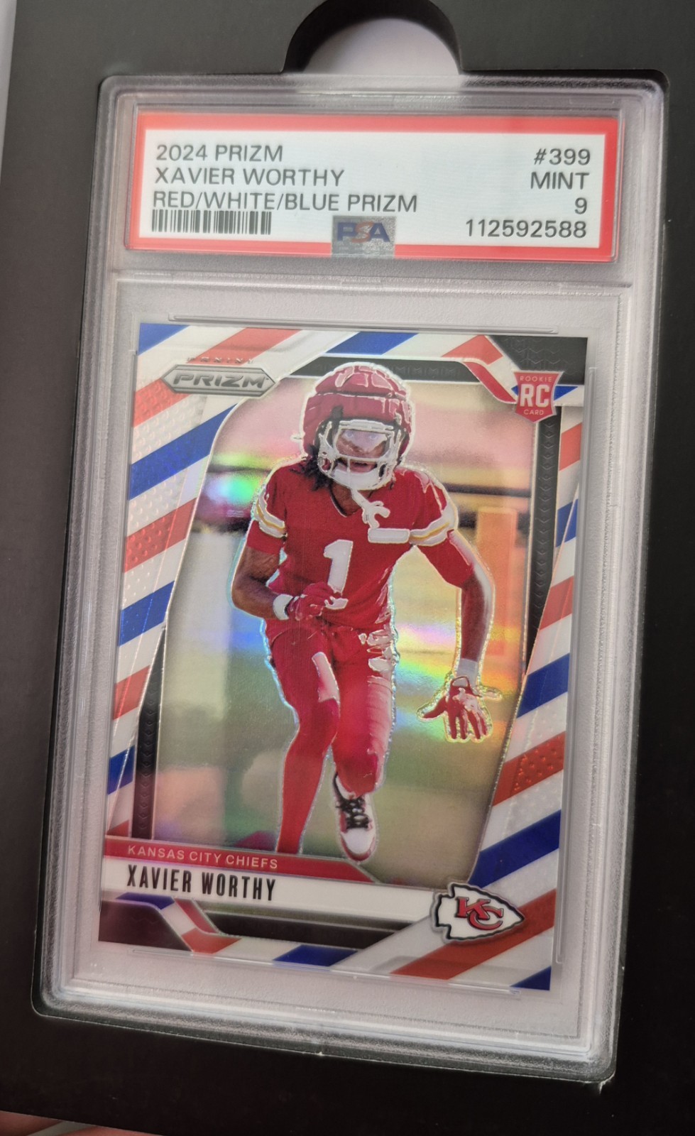 2024 PANINI PRIZM RED/WHITE/BLUE PRIZM #399 XAVIER WORTHY ROOKIE RC PSA 9 Chiefs