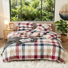 100 Washed Cotton Duvet Cover Set Super Soft Twin 68" x 90" Blue Red Grid