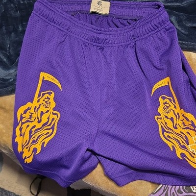 Eric Emanuel Purple/Yellow Graphic Mesh Basketball Shorts Drawstring Men s XL