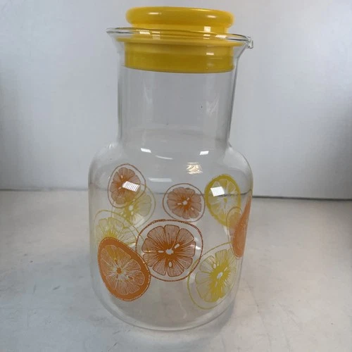 Vintage 1.5 Qt Pyrex Glass Juice Pitcher Carafe w/Lid Lemons & Oranges 3515 EUC