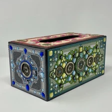 Handmade Tissue Box Beaded Coins Boho Eclectic Napkin Case Holder Dispenser Art