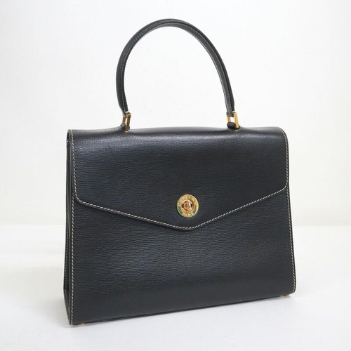 CELINE Black Leather Flap Handbag Gold Hardware Turn Lock Auth