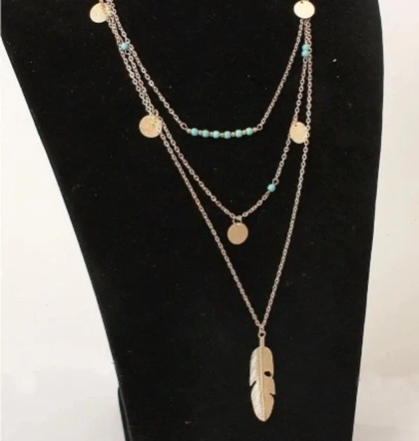 Zara 18K Gold plated new 3 layer necklace chain coin turquoise feather detail - Image 2 of 4