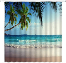 Beach Seascape Shower Curtain Ocean Tropical Plam Tree Coastal Seaside Island Vi