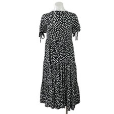 Madewell Black Floral Woodcut Flower Short Tie Sleeve Tiered ALine Midi Dress XS