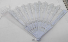 Folding Hand Fan White Cloth Plastic 9.5" long with storage bag