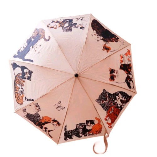 Vintage Cat Kitten Umbrella With Wooden Cat Handle And Cover RARE - Picture 1 of 19