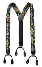Vtg Pelican Silk Leather Suspenders Braces DK Green Fuschia Yellow Paisley EUC