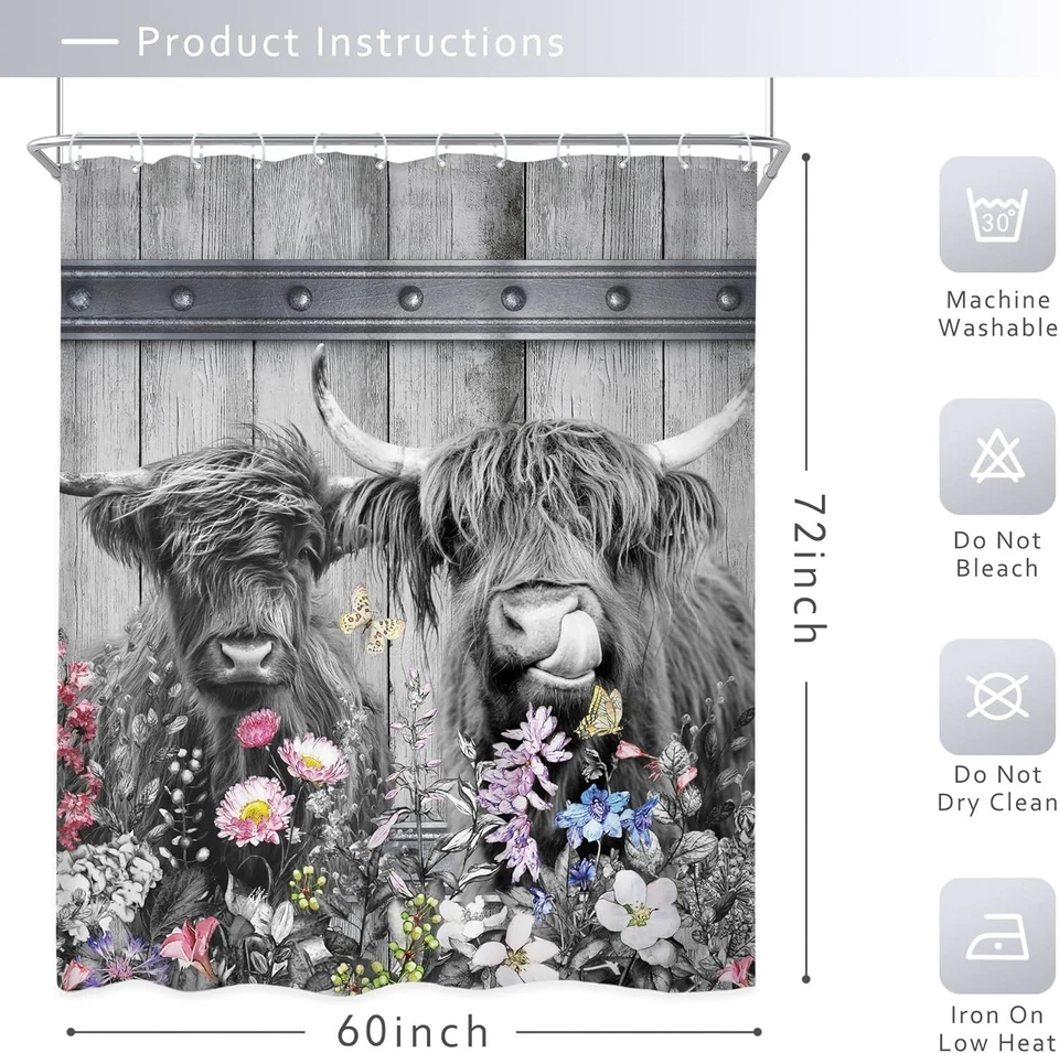 Cortina de ducha Highland Cow poliéster granja rústica 60x72 pulgadas decoración de baño Foto 4 de 4