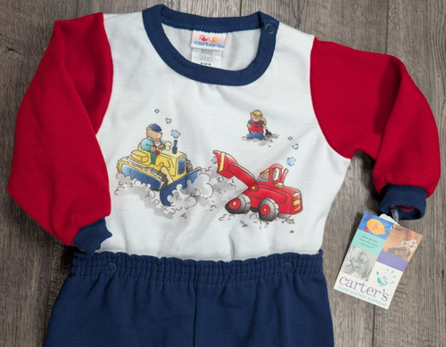 Baby Boy Clothes New Vintage Carter's 9-12 Month Work Truck 2pc Snap Footed Pj's - Picture 2 of 3