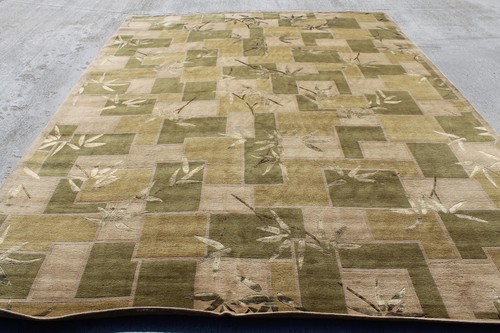 RST401 Gorgeous Green Wool & Silk Bamboo Leaf Tibetan Rug 9X12 Handmade In Nepal - Picture 5 of 9