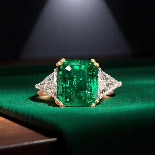 Lab Grown 4.80 Ct Emerald Cut Green Emerald Diamond Wedding Ring 14K Multi Gold - Picture 3 of 12