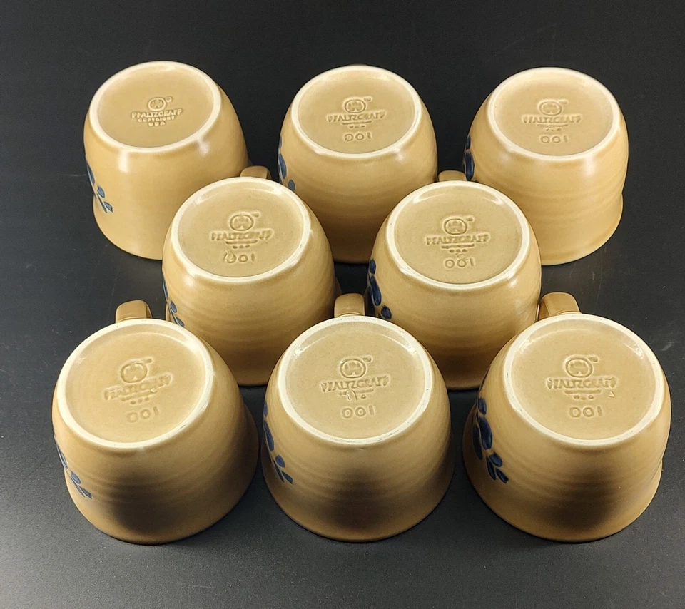 Conjunto de 8 xícaras planas Pfaltzgraff FOLK ART 100 azul floral bronzeado estampa de castelo rústico - Imagem 3 de 4