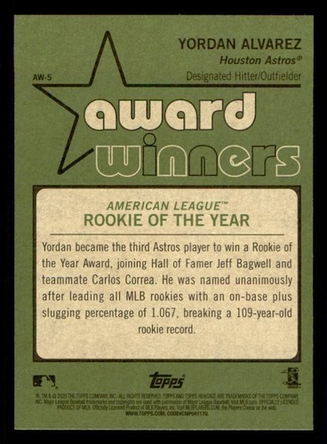2020 Topps Heritage High Number Award Winners #AW5 Yordan Alvarez - Picture 2 of 2