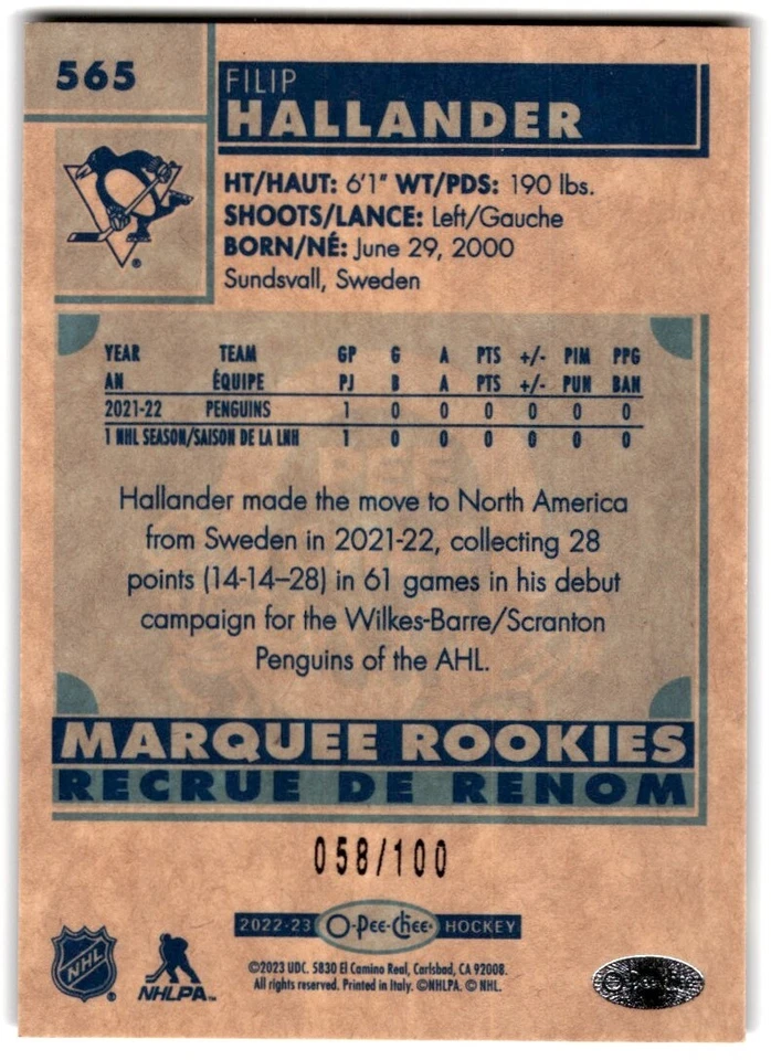 2022-23 O-Pee-Chee Retro Black Filip Hallander Rookie /100 #565 Pittsburgh - Image 2 of 2