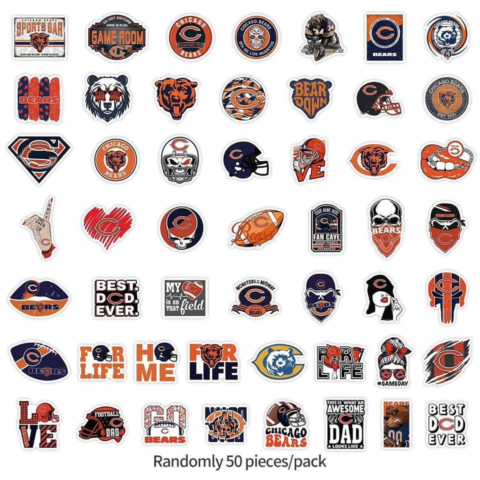 50 pezzi adesivi in vinile impermeabili Chicago Bears NFL calcio telefono bagagli laptop - Immagine 3 di 4