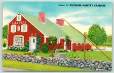 Danvers MA~Saltbox Roof Bldg Behind Stone Wall~Putnam Pantry Candies~Rt 1~Linen